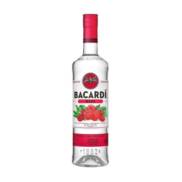 Image: A clear glass Bacardi Razz bottle with a red label and a distinctive logo.